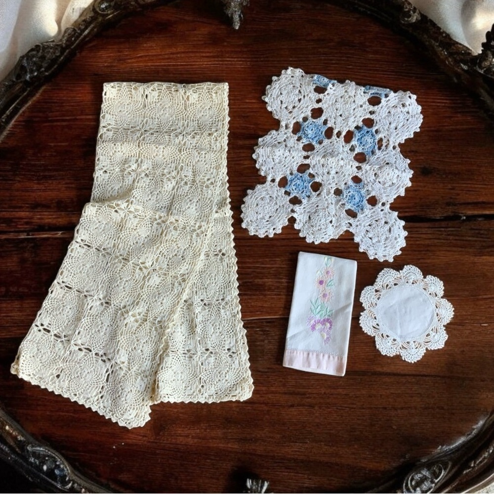 Vintage Linens Table Runners Dresser Scarves Embroidery Crochet Handmade